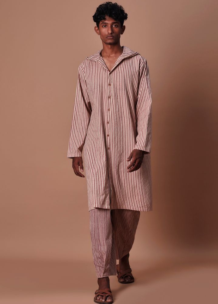 A Model Wearing  Striped Multicolor Pure Cotton Men's Mauve Hooded Striped Kurta, curated by Only Ethikal