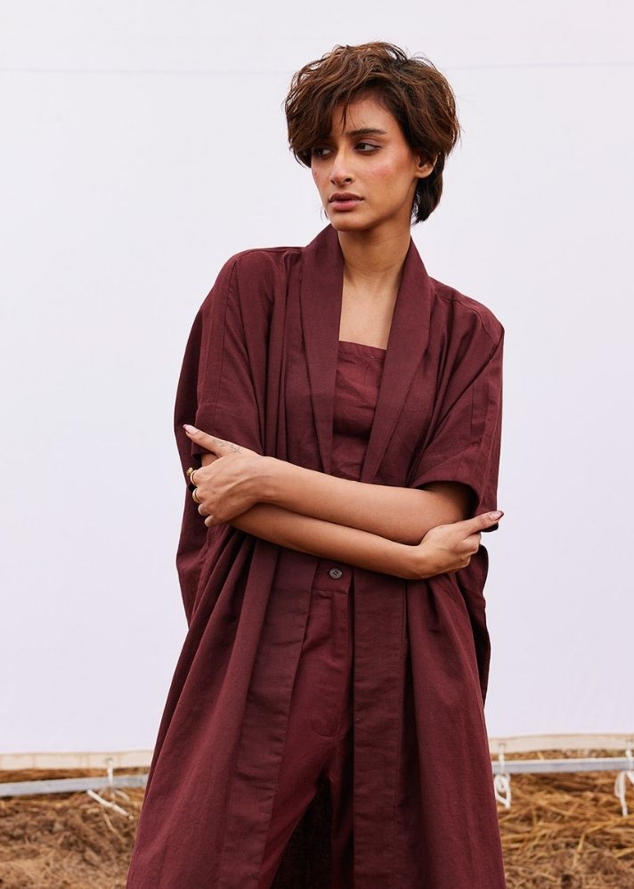 A Model Wearing Red Cotton Khadi Wine Co-Ord Set, curated by Only Ethikal