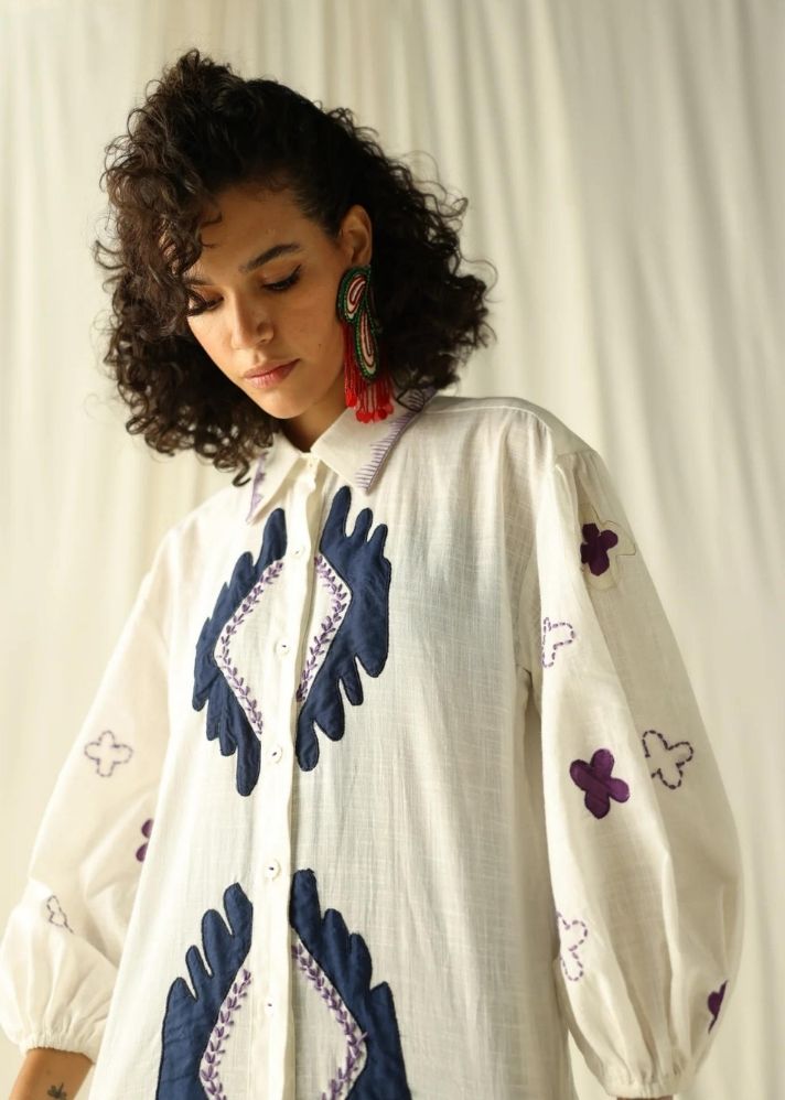 A Model Wearing White Pure Cotton Una Applique Shirt, curated by Only Ethikal