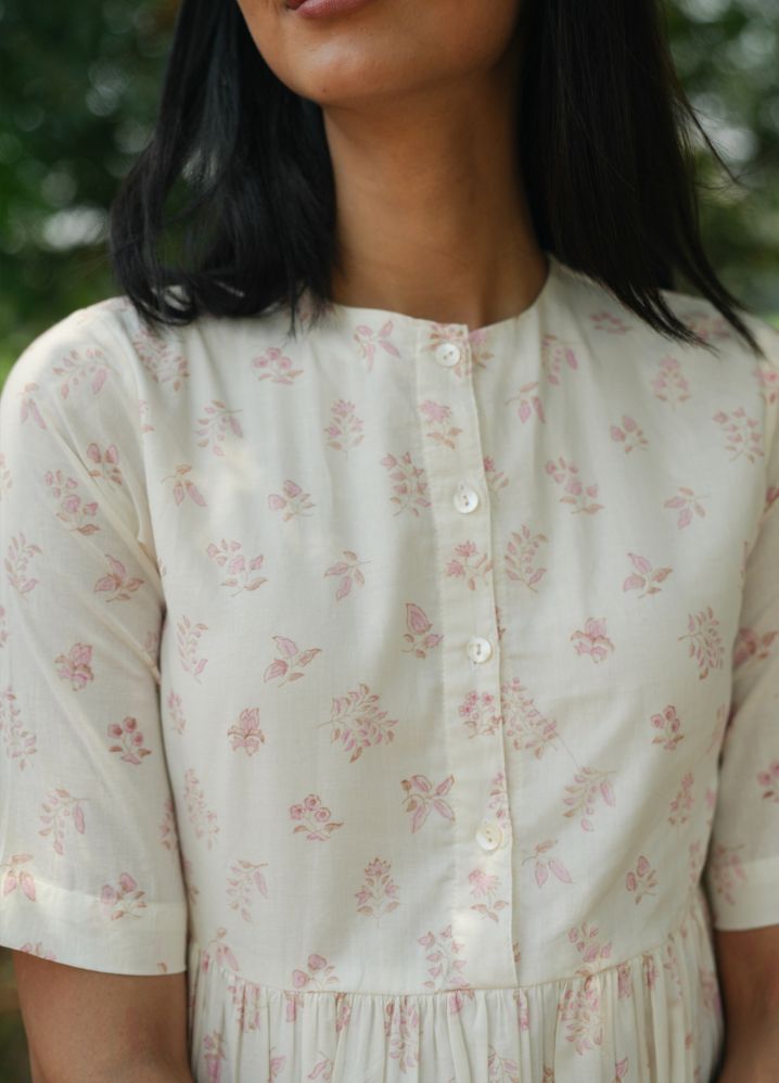 A Model Wearing Block Printed White Pure Cotton Dewdrop Pink Floral Top, curated by Only Ethikal