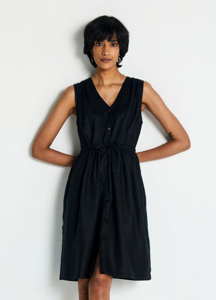 A Model Wearing  Black Hemp Twilight Drawstring Dress, curated by Only Ethikal