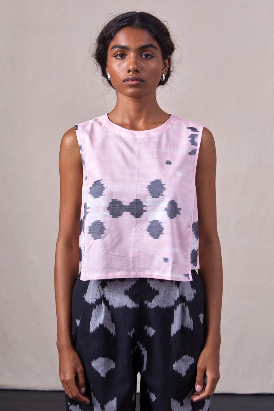 A Model Wearing Multicolor Handwoven Cotton Polam Ikat Top, curated by Only Ethikal