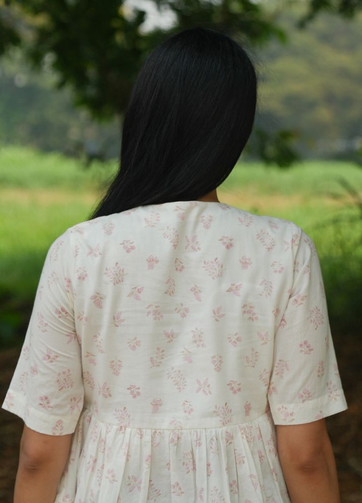 A Model Wearing Block Printed White Pure Cotton Dewdrop Pink Floral Top, curated by Only Ethikal