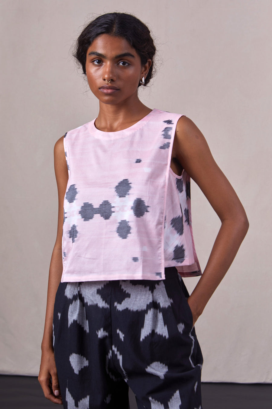 A Model Wearing Multicolor Handwoven Cotton Polam - Ikat Top, curated by Only Ethikal