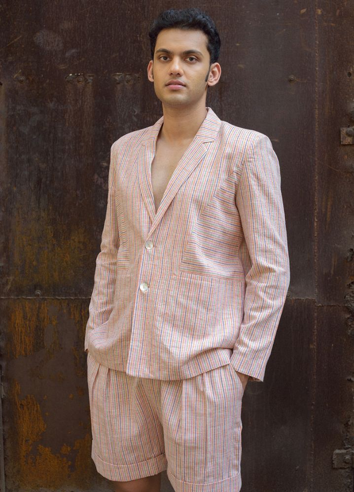 A model wearing Striped Pink Handwoven Cotton Princess Cut Blazer, curated by Only Ethikal