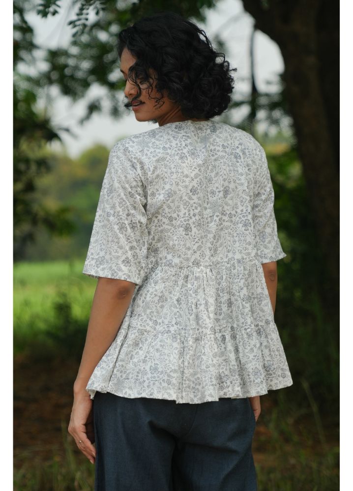 A Model Wearing Block Printed White Pure Cotton Dewdrop Grey Floral Top, curated by Only Ethikal