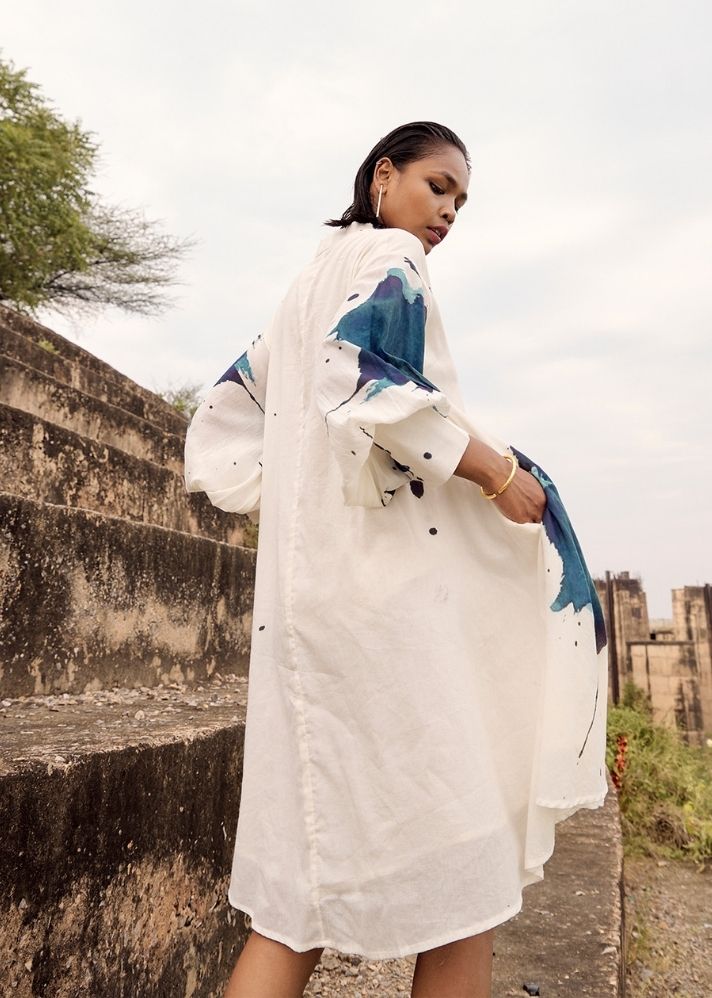 A Model Wearing Multicolor Pure Cotton Blue Herring Co-Ord Set, curated by Only Ethikal