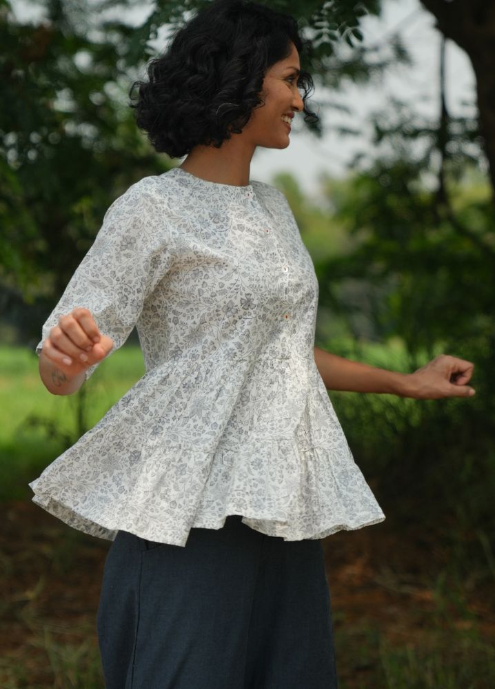 A Model Wearing Block Printed White Pure Cotton Dewdrop Grey Floral Top, curated by Only Ethikal