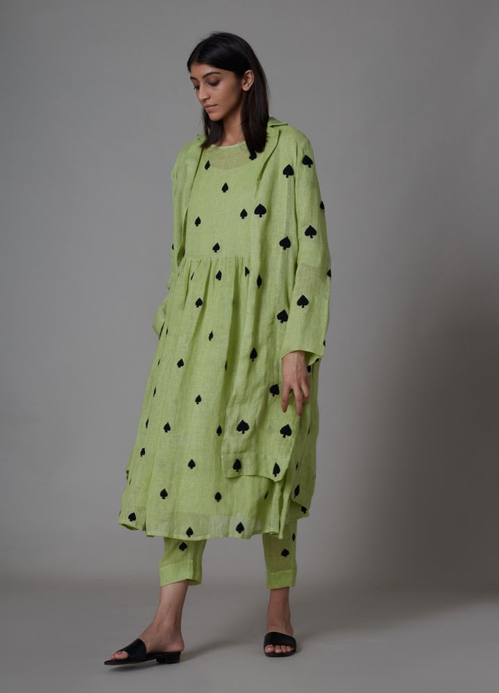 A Model Wearing Green Linen Teen Patti Jacket - Green, curated by Only Ethikal