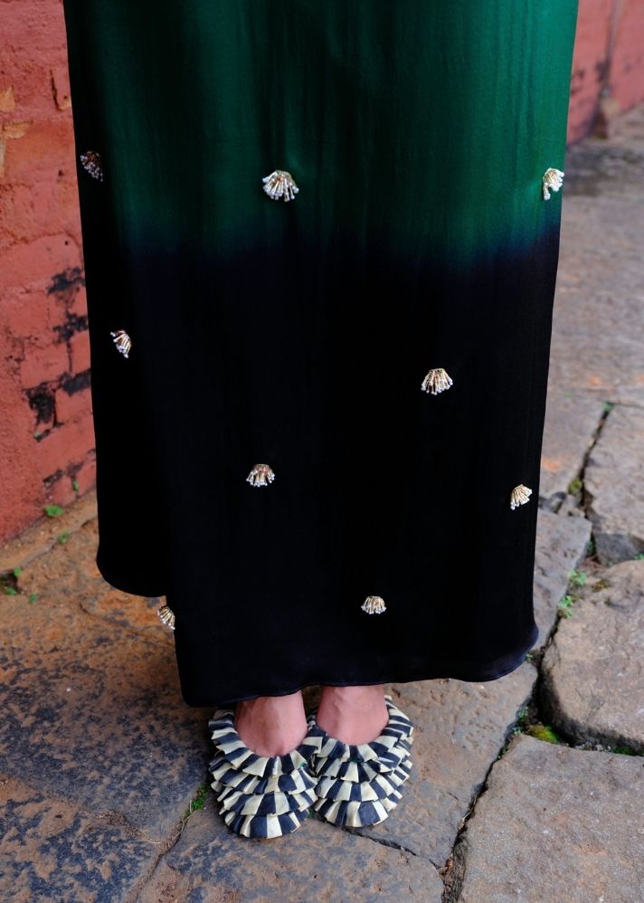 A Model Wearing Green Silk Razia Dress, curated by Only Ethikal