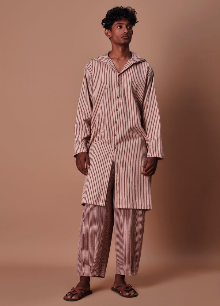 A Model Wearing  Striped Multicolor Pure Cotton Men's Mauve Hooded Striped Kurta, curated by Only Ethikal