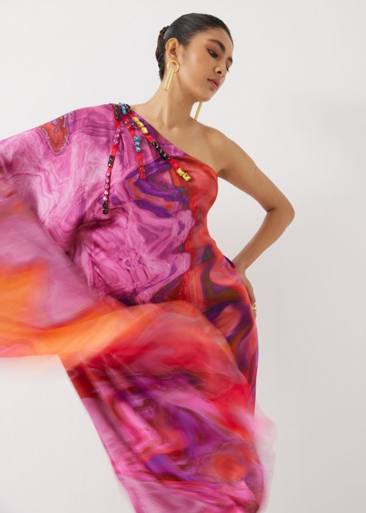 A Model Wearing Multicolor Organic Cupro Red Sea One Shoulder Dress, curated by Only Ethikal