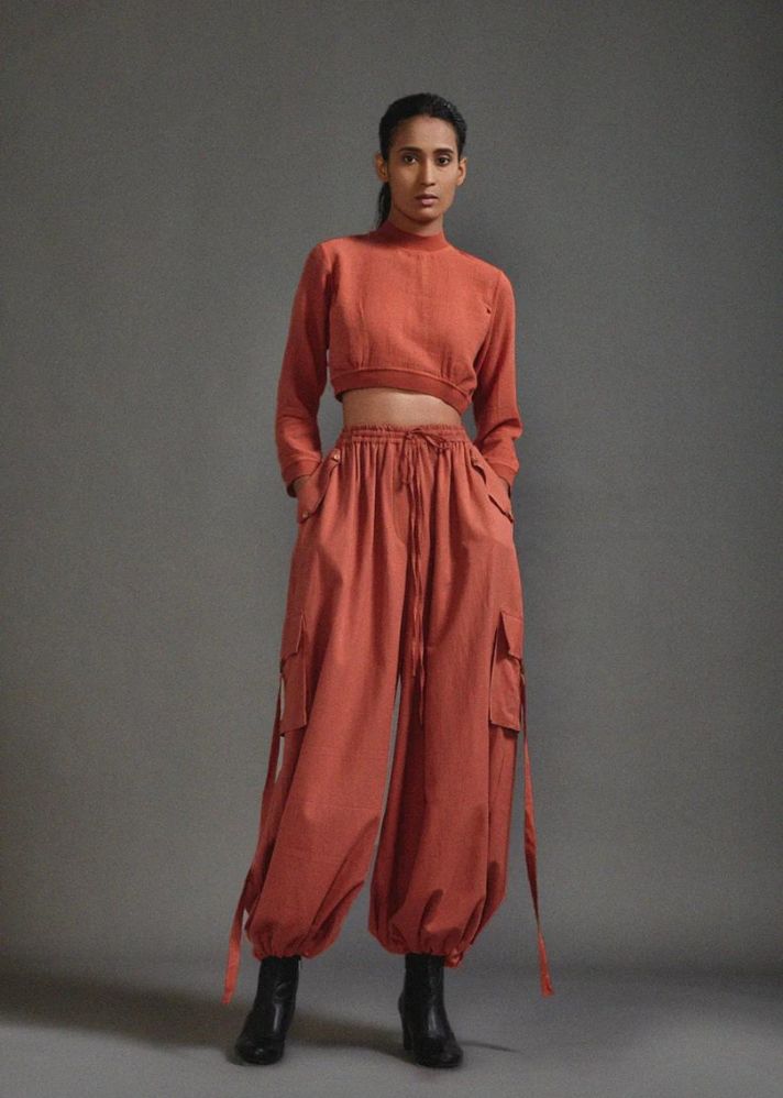 A Model Wearing Rust Handwoven Cotton Crop Top And Cargo Set, curated by Only Ethikal