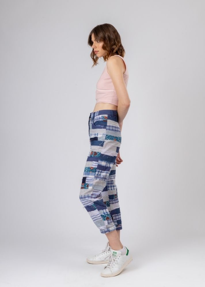 A Model Wearing Blue Upcycled Cotton June Patchwork Pants, curated by Only Ethikal