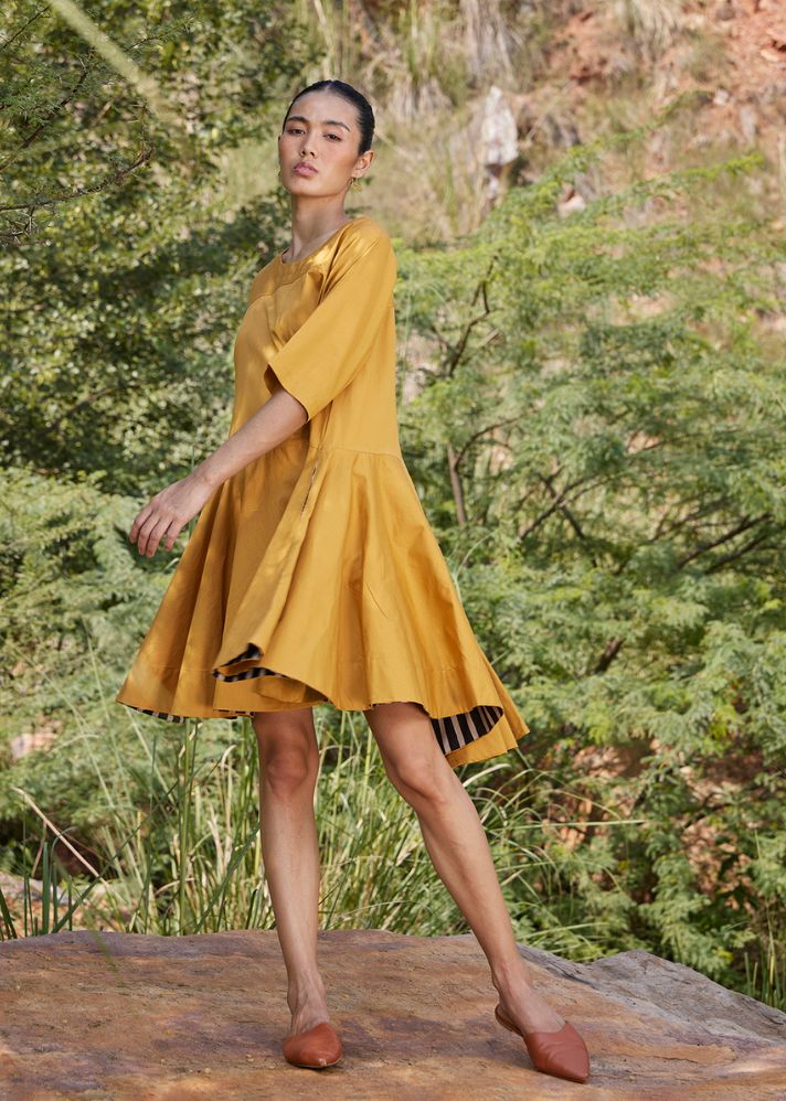 A Model Wearing Yellow Pure Cotton Hidden Love Dress, curated by Only Ethikal