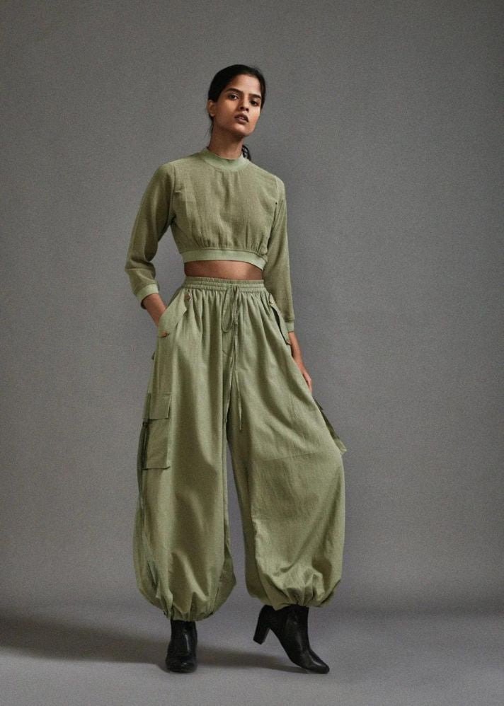A Model Wearing Green Handwoven Cotton Crop Top And Cargo Set, curated by Only Ethikal