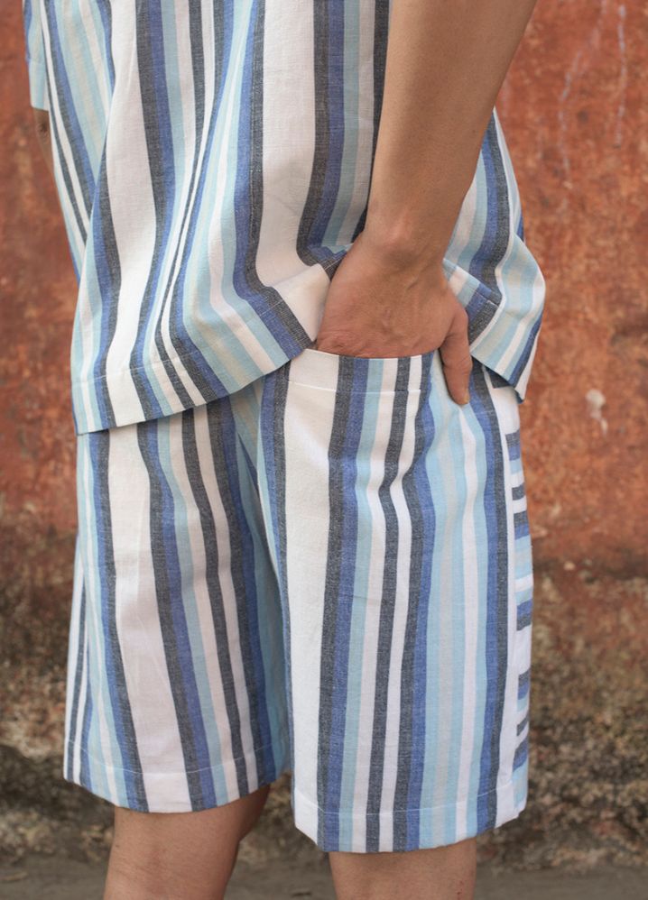 A model wearing Striped Multicolor Handwoven Cotton Straight Fit Bermudas, curated by Only Ethikal
