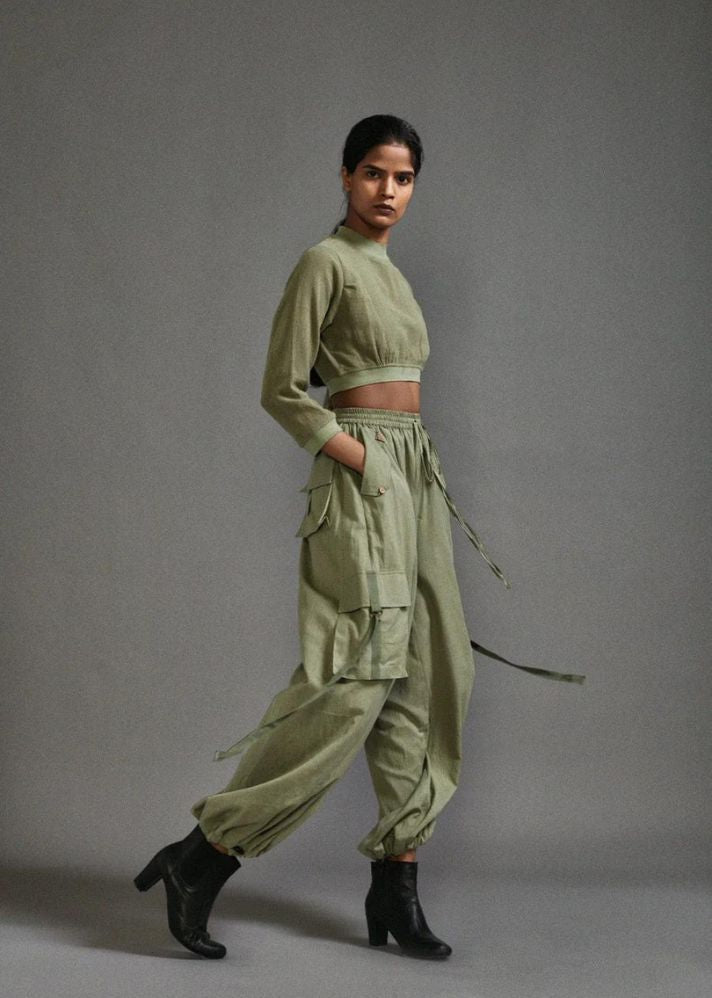 A Model Wearing Green Handwoven Cotton Crop Top And Cargo Set, curated by Only Ethikal