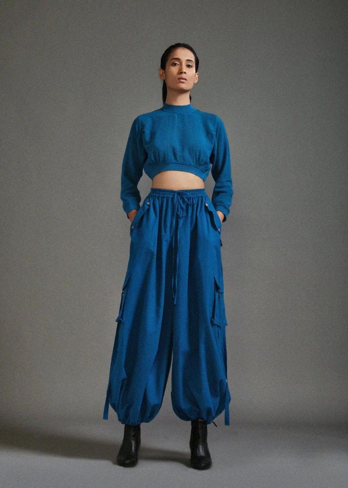 A Model Wearing Blue Handwoven Cotton Crop Top And Cargo Set, curated by Only Ethikal
