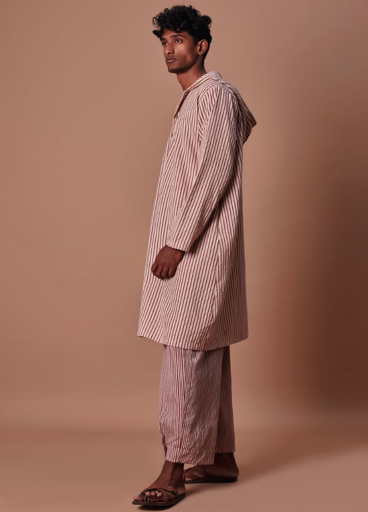 A Model Wearing  Striped Multicolor Pure Cotton Men's Mauve Hooded Striped Kurta, curated by Only Ethikal