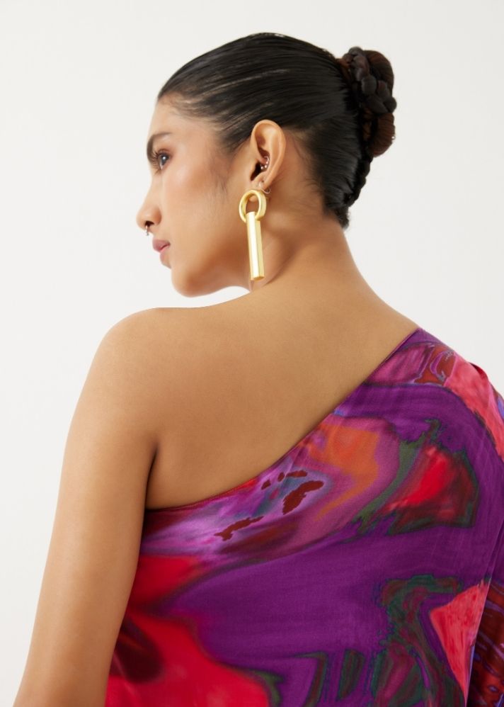 A Model Wearing Multicolor Organic Cupro Red Sea One Shoulder Dress, curated by Only Ethikal