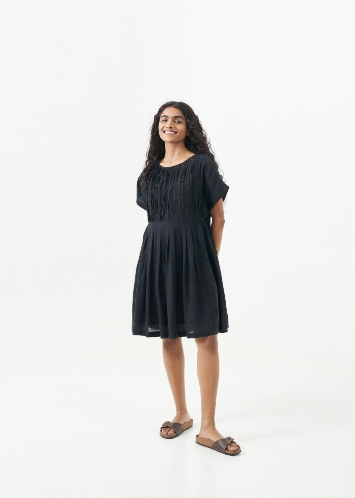 A Model Wearing Black Handwoven Cotton Black relaxed fit short dress, curated by Only Ethikal
