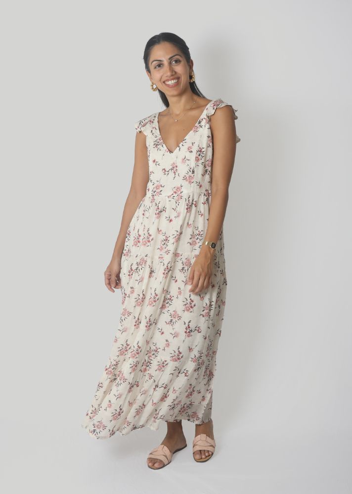 A Model Wearing Multicolor Bemberg Sky is Pink Ruffle Maxi Dress Multicolor, curated by Only Ethikal