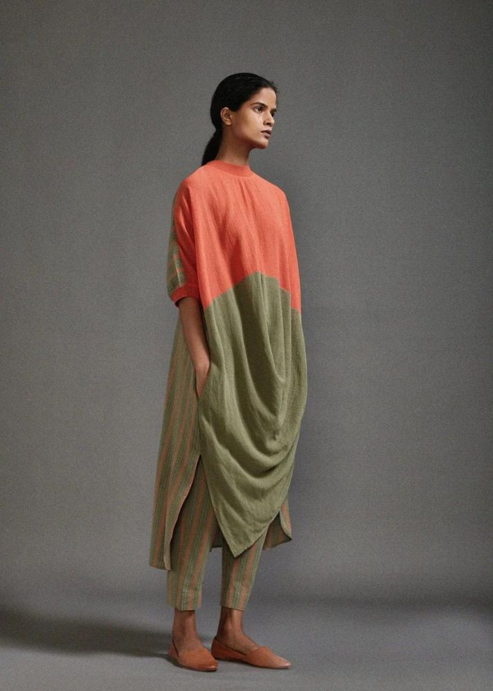 A Model Wearing Orange and green Handwoven Cotton Cb Cowl Tunic Set, curated by Only Ethikal