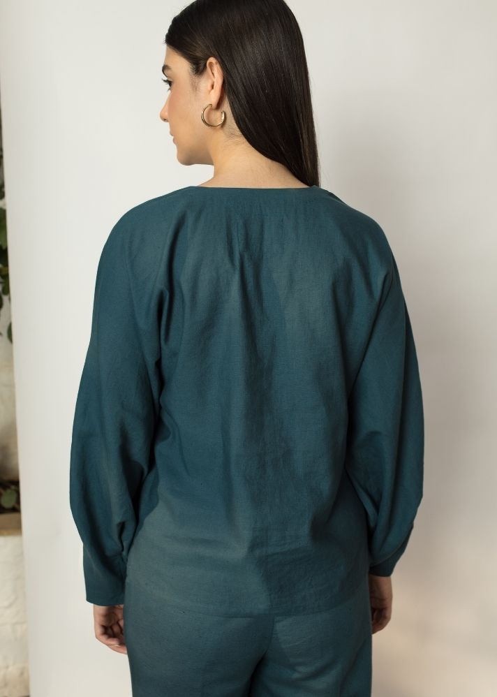 A Model Wearing Green Hemp Dramatic Sleeve Blouse, curated by Only Ethikal