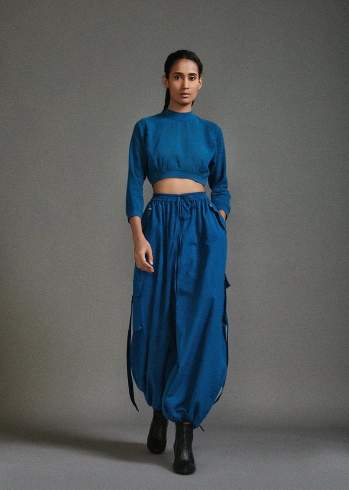 A Model Wearing Blue Handwoven Cotton Crop Top And Cargo Set, curated by Only Ethikal
