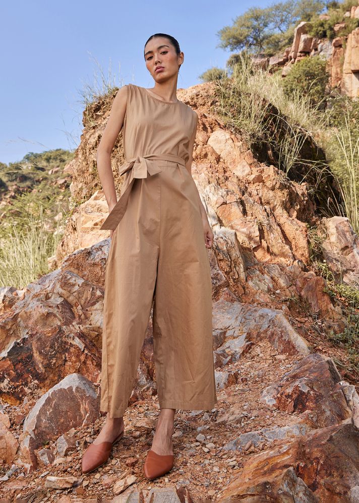 A Model Wearing Brown Pure Cotton In the Woods Jumpsuit, curated by Only Ethikal