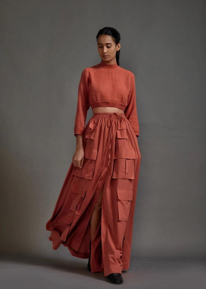 A Model Wearing Rust Handwoven Cotton Crop Top And Cargo Skirt Set, curated by Only Ethikal