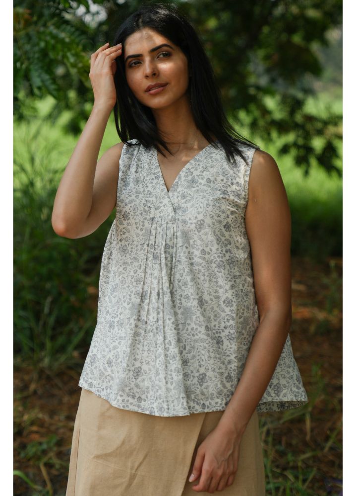 A Model Wearing Block Printed White Pure Cotton Summer Rain Grey Floral Top, curated by Only Ethikal