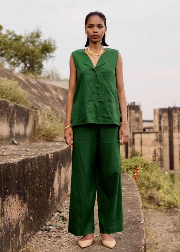 A Model Wearing Green Pure Cotton Pine Co-Ord Set, curated by Only Ethikal