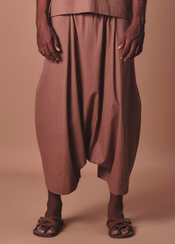 A Model Wearing  Brown Pure Cotton Brown Easy Fit Harem Pants, curated by Only Ethikal