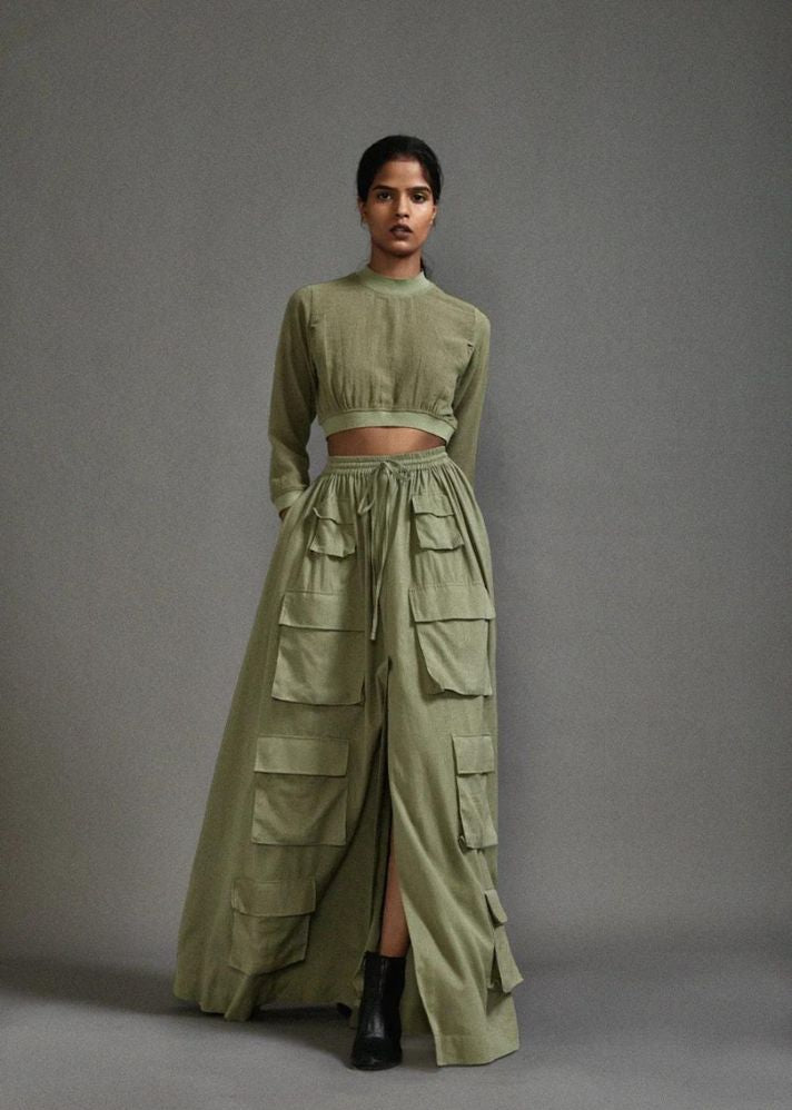 A Model Wearing Green Handwoven Cotton Crop Top And Cargo Skirt Set, curated by Only Ethikal