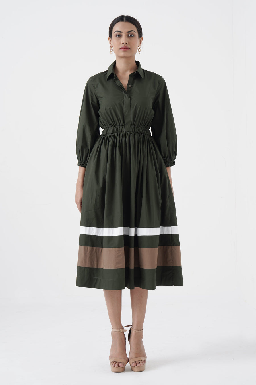 A Model Wearing Green Pure Cotton Kosher - Shirt collar waist elastic, two contrast stripe - Green, curated by Only Ethikal