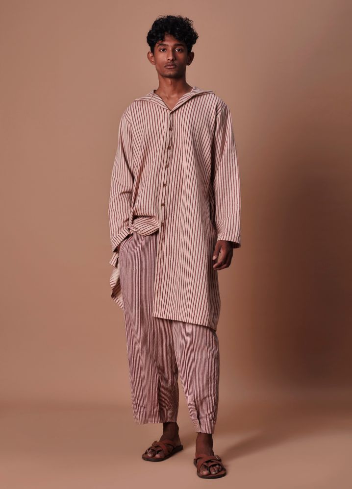 A Model Wearing  Striped Multicolor Pure Cotton Men's Mauve Hooded Striped Kurta, curated by Only Ethikal