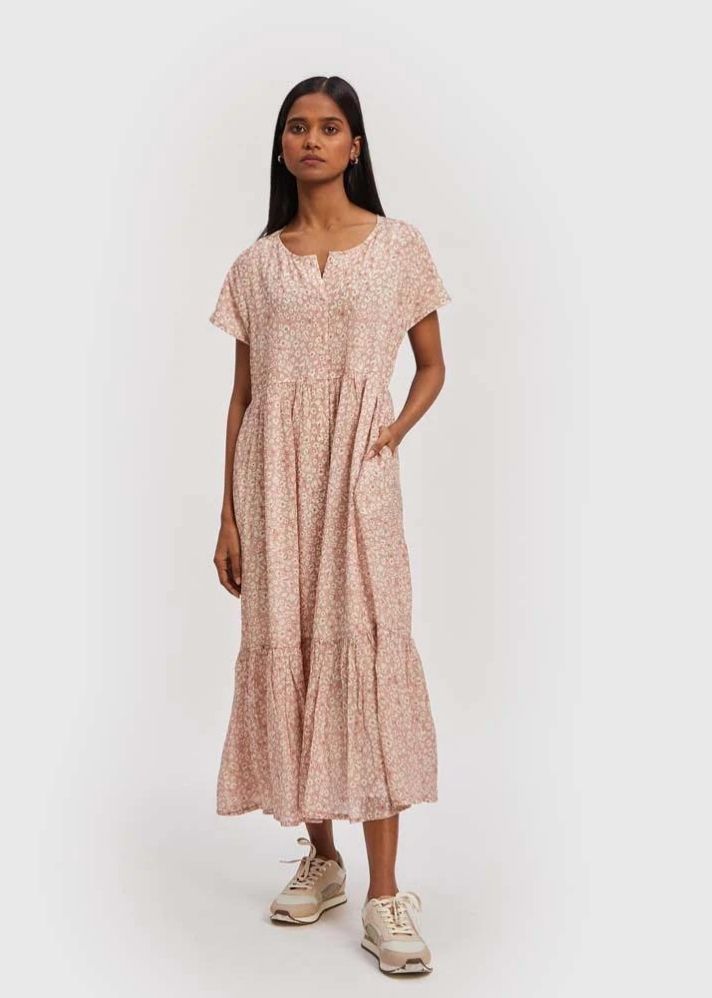 A Model Wearing Pink Bemberg Midi Tiered Shirt Dress Pink, curated by Only Ethikal