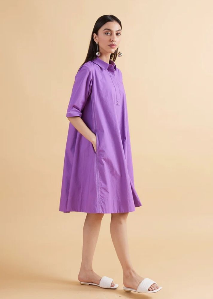 A Model Wearing Purple Pure Cotton Maisie Berry Solid Dress, curated by Only Ethikal