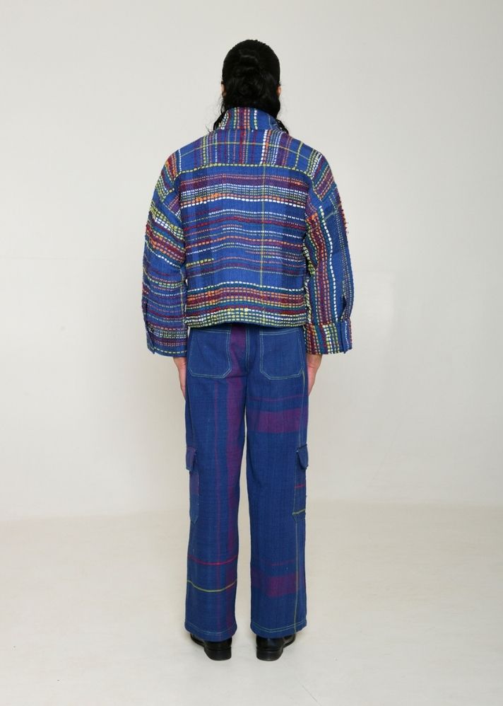 A Model Wearing Multicolor Handwoven Cotton Recycle Indigo Fujita Jacket, curated by Only Ethikal