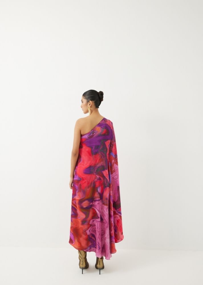 A Model Wearing Multicolor Organic Cupro Red Sea One Shoulder Dress, curated by Only Ethikal