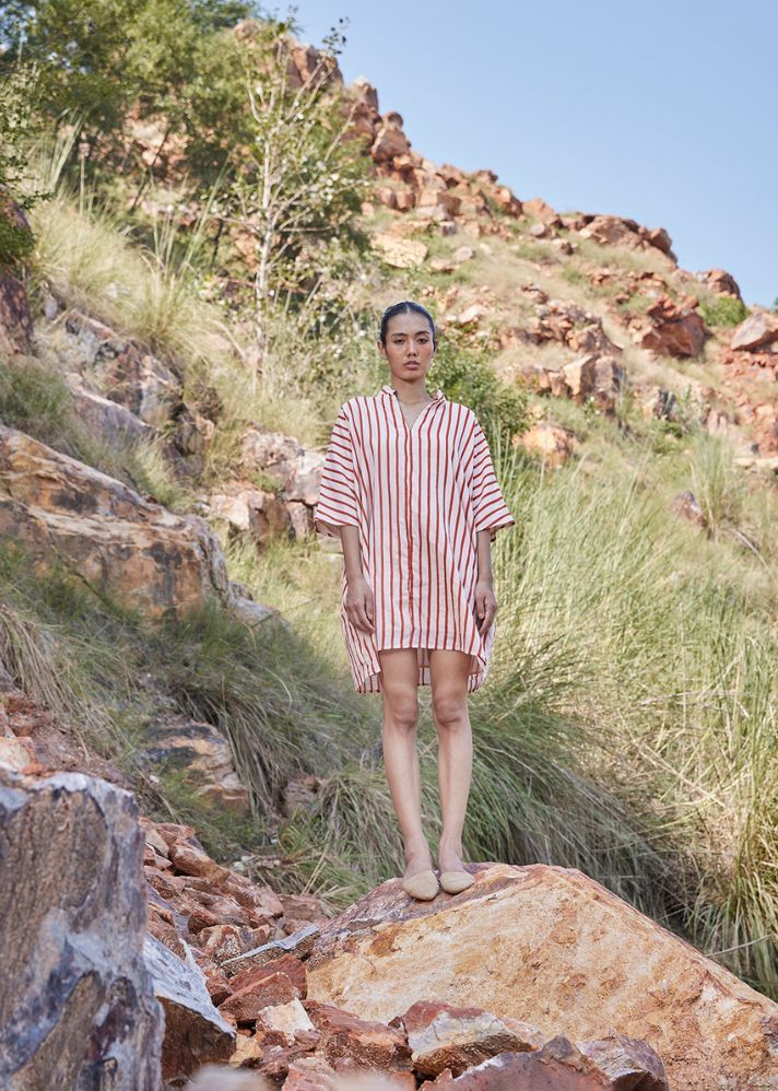 A Model Wearing Multicolor Pure Cotton Meant To Be Anti-fit Dress, curated by Only Ethikal