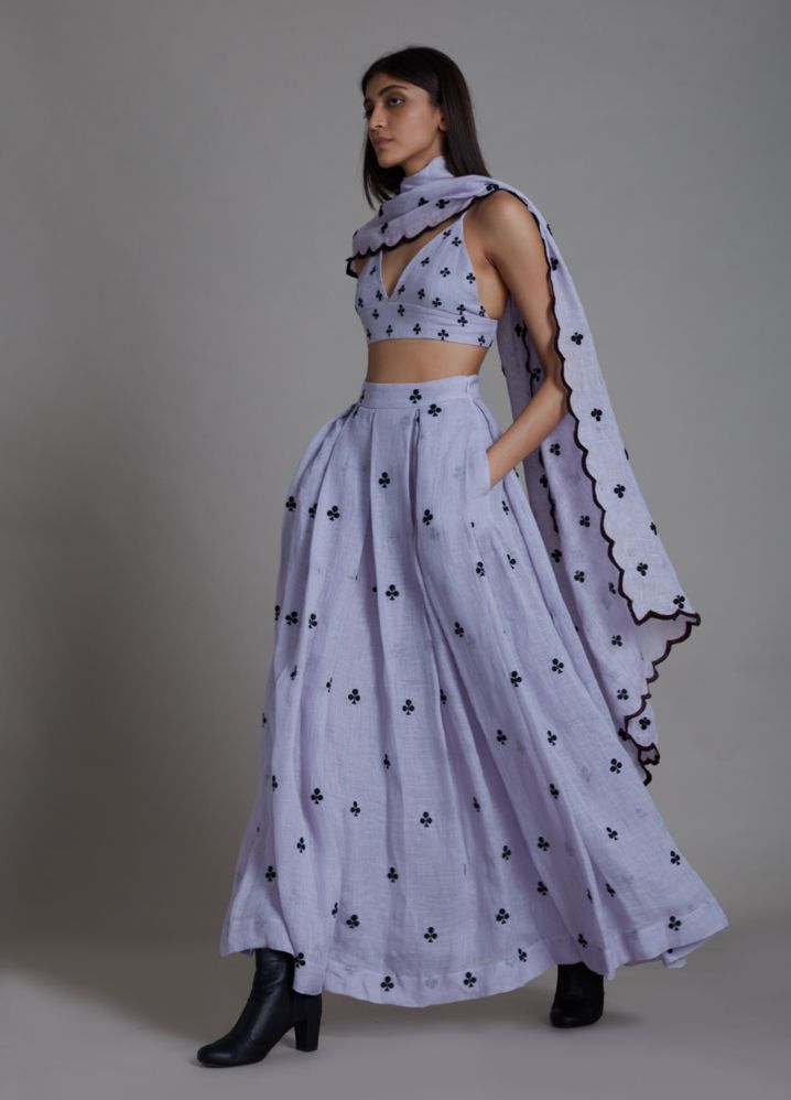 A Model Wearing Purple Linen Clubs Counter Lehenga Set- Lavender, curated by Only Ethikal