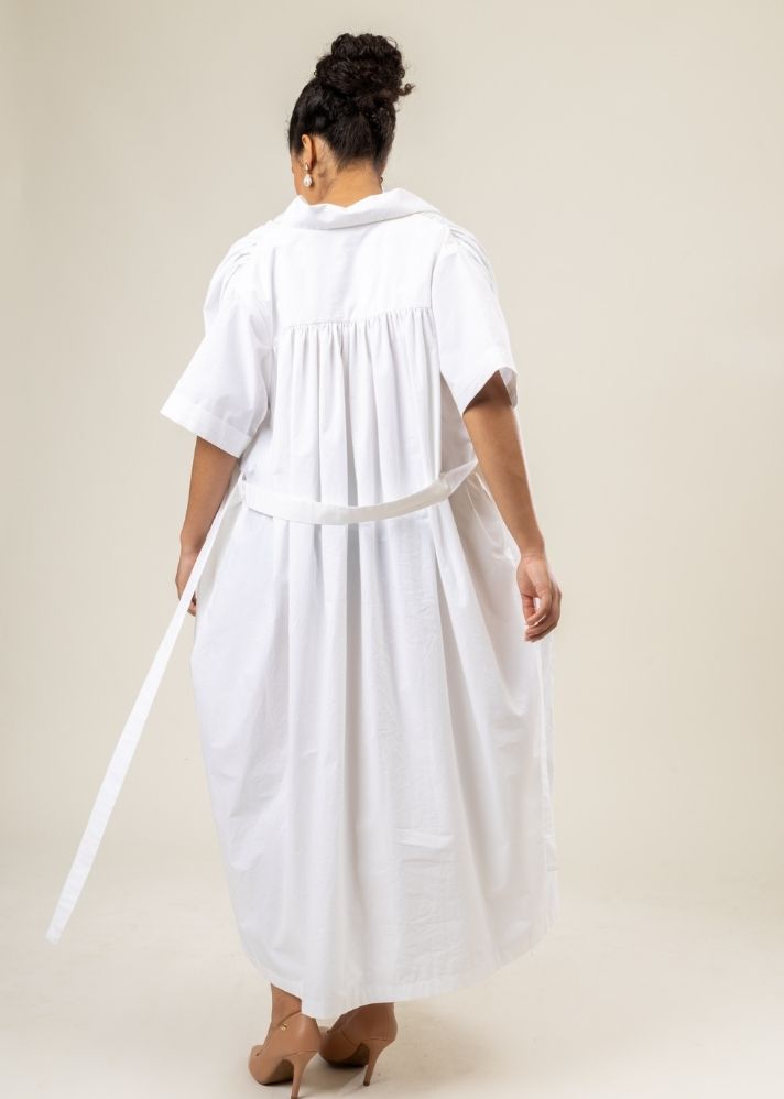 A Model Wearing White Upcycled Cotton Zora Dress, curated by Only Ethikal
