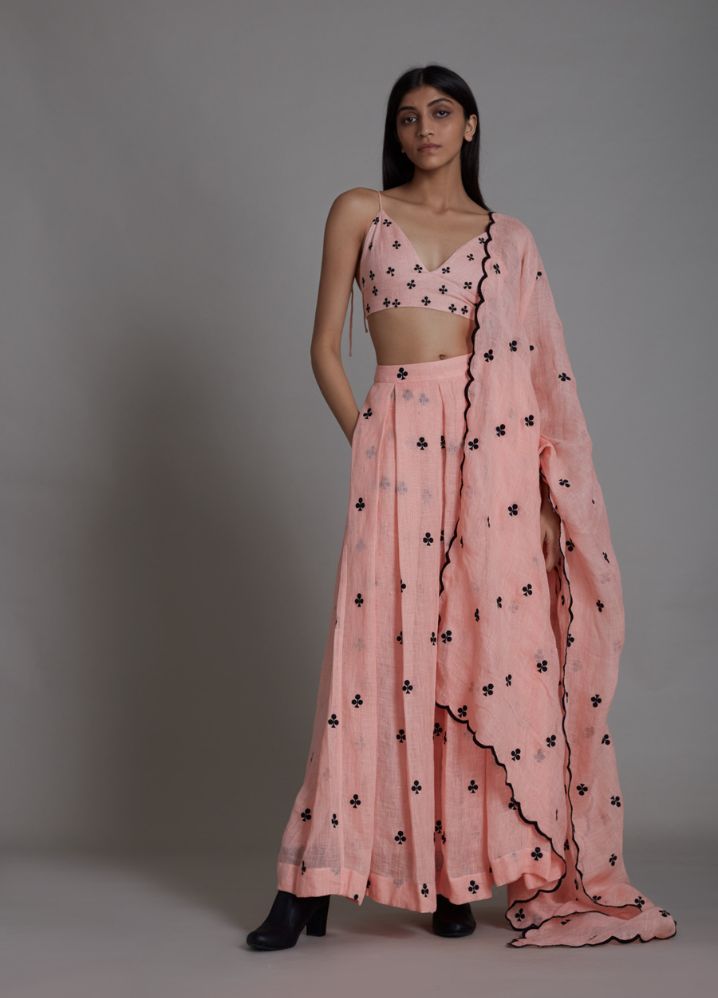 A Model Wearing Peach Linen Clubs Counter Lehenga Set- Pink, curated by Only Ethikal
