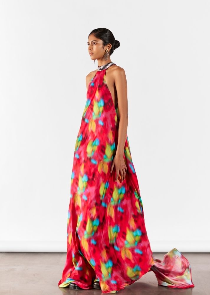 A Model Wearing Multicolor Organic Cupro Poppy Halter Dress, curated by Only Ethikal