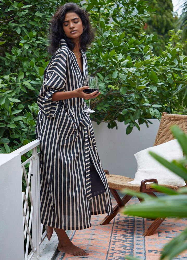 Woman wearing Striped Multicolor Pure Cotton Smoke Overlay Robe by Kharakapas curated by Only Ethikal