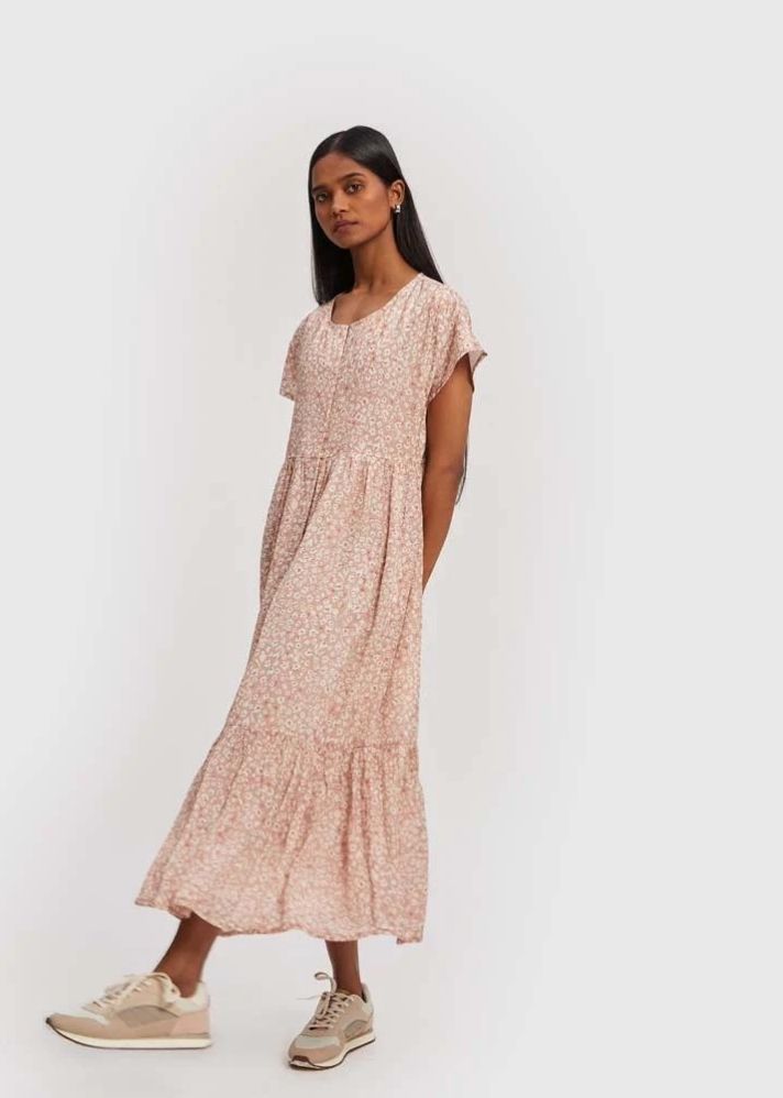 A Model Wearing Pink Bemberg Midi Tiered Shirt Dress Pink, curated by Only Ethikal