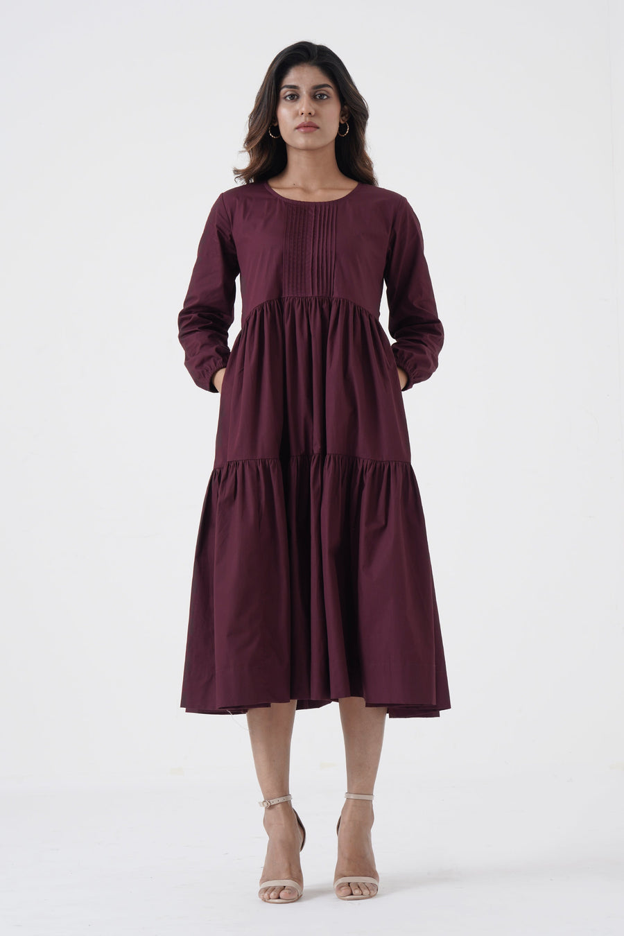 A Model Wearing Brown Pure Cotton Bustling Soul - Back strap Tier Dress - Wine, curated by Only Ethikal